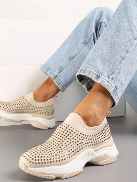 Sneakersy na Grubej Podeszwie w Cyrkonie Elerene beżowe