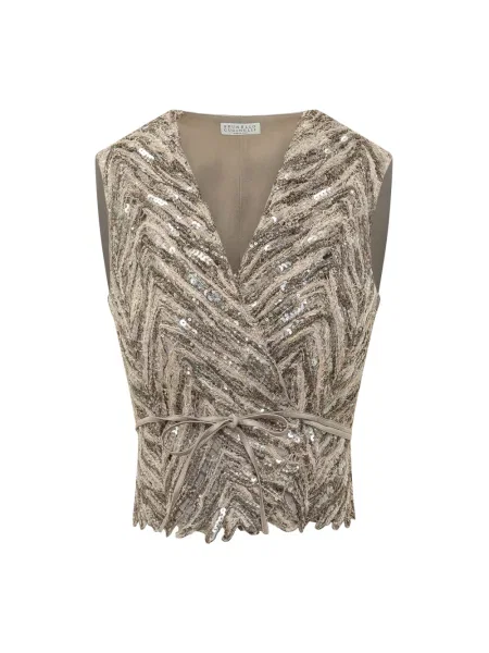 Haftowana kamizelka Brunello Cucinelli w jodełkę beżowa