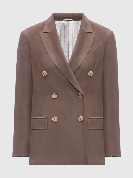 Двобортний жакет з льоном Brunello Cucinelli коричневий