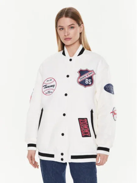 Tommy Jeans Geacă bomber Letterman Oversize alb