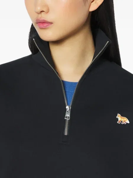 Hanorac Maison Kitsune cu broderie de jumătate de fermoar negru