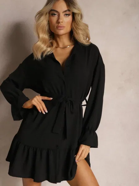 Koszulowa Sukienka Mini z Falbanką i Wiązanym Blisotta czarna
