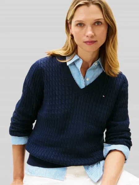 Sweter z dzianiny o kroju regular fit z czystej bawełny Tommy Hilfiger granatowy