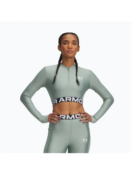 Femei Under Armour Heat Gear Rib Zip silica green/silica green/white training top alb