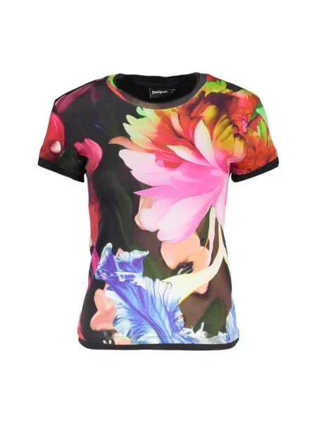 Wielobarwność koszulka Desigual w kwiatki z krótkim rękawem czarna