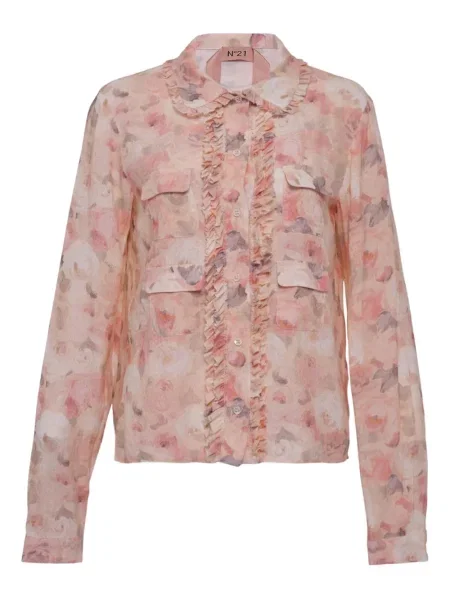 Bluzka N°21 w kwiatki z falbankami różowa