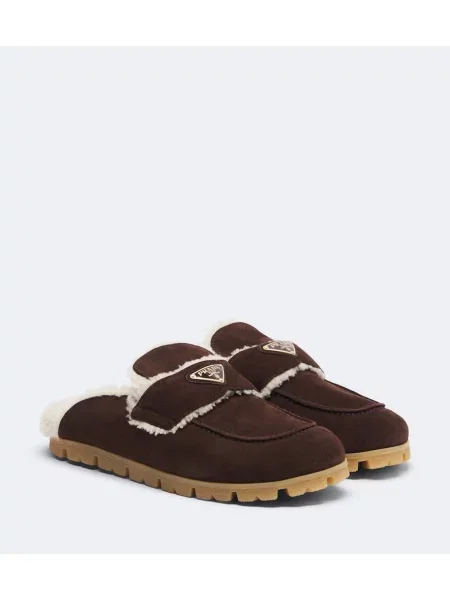 Papuci tip mules Prada din piele de căprioară maro