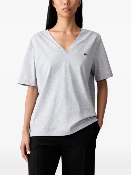 Tricou Lacoste cu decolteu în V cu autograf gri