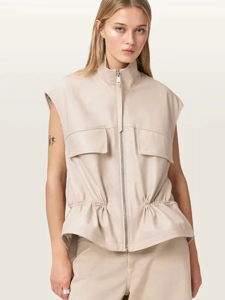 AllSaints vestă pentru femei din piele FLOR bej