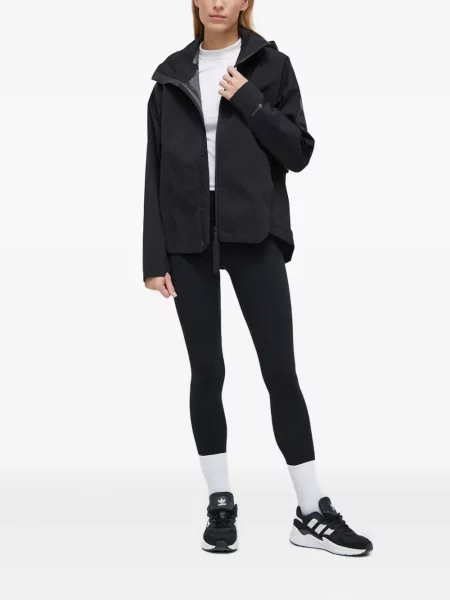 Geacă cu puf Adidas din piele de căprioară cu dungi cu glugă albastru