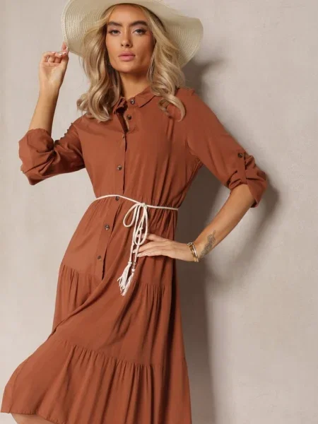 Rochie Évasé din în Stil Cămașă Canidre maro