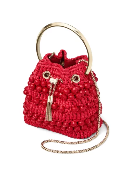 Geantă bucket Jimmy Choo cu mărgele roșu