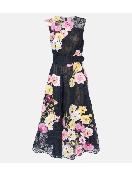 Koktejl obleka Oscar De La Renta z vezenjem s čipko črna