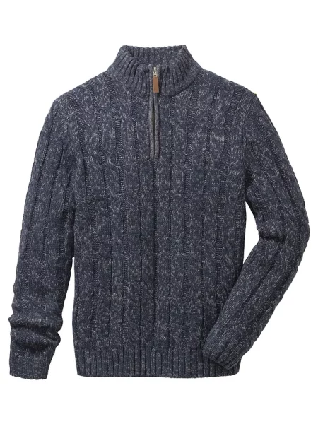 Sweter ze stójką z melanżowanej dzianiny w warkoczowy wzór niebieski