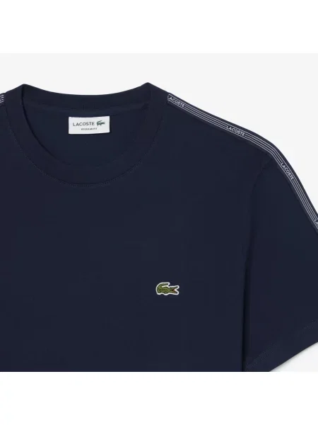 Lacoste Koszulka Z Grubej Bawełny Z Paskiem Logo granatowa