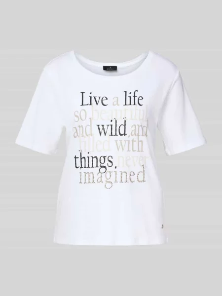 T-shirt z nadrukiem z napisem i obszyciem ozdobnymi kamieniami Monari