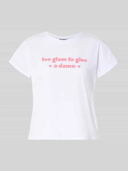 T-shirt z nadrukiem z napisem i okrągłym dekoltem Review biała