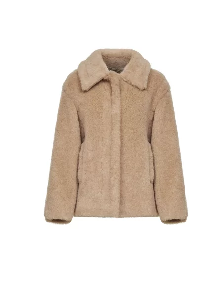 Kurtka Max Mara wełniana o skróconej długości typu teddy beżowa