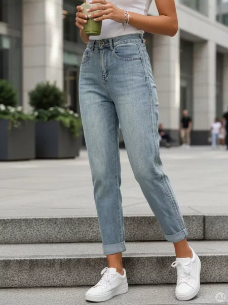 Jeansy mom fit z wysokim stanem jasnoniebieskie Dstreet