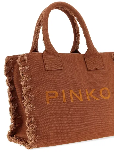 Geantă shopper Pinko din canvas cu autograf maro
