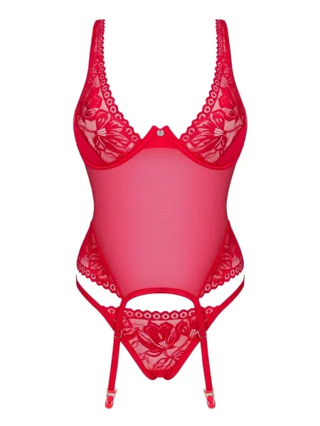 Корсет с пажами для чулок с трусики стринг Комплект_Obsessive_Lacelove_corset червоні
