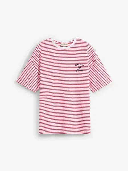 T-shirt w paski z haftem czerwona