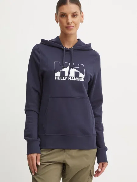 Суичър с качулка Helly Hansen с качулка с принт тъмносиньо