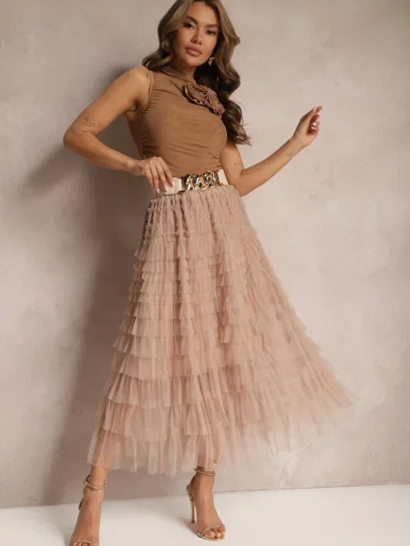 Tiulowa Spódnica Maxi z Gumką w Pasie i Falbankami Mahlia brązowa