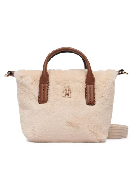 Tommy Hilfiger Torebka Popette Micro Tote Faux Fur jasny beżowy
