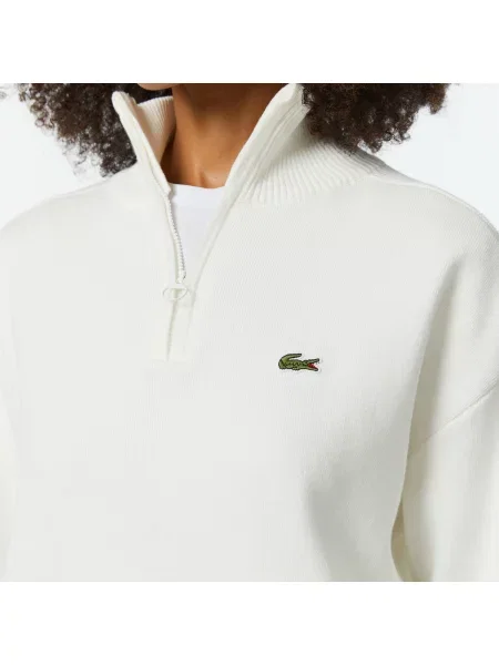 Lacoste Sweter Z Zamkiem I Warkoczowym Wzorem Kremowy biały