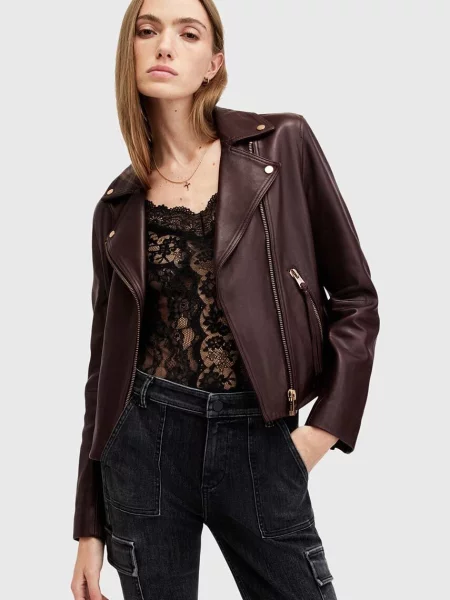 AllSaints geaca de piele DALBY BIKER femei de tranzitie bordo