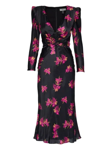 Rochie midi Nissa de mătase cu model floral până la genunchi negru