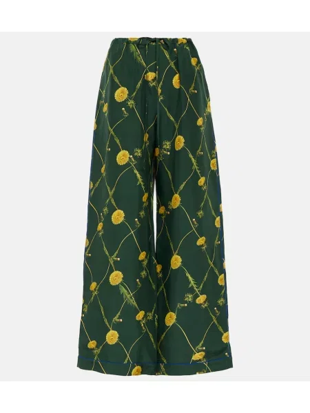Pantaloni Burberry de mătase cu model floral verde