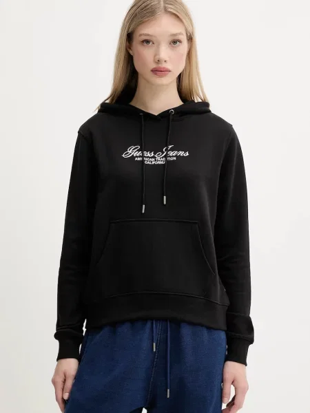 Guess Jeans bluza z kapturem z aplikacją czarny
