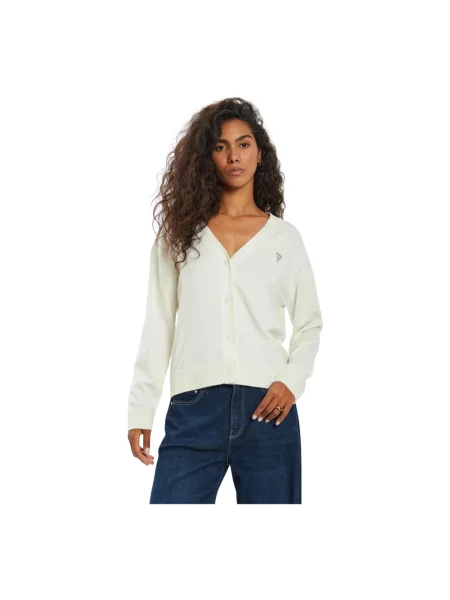 Sweter Guess JEANS Silk and Wool-Blend Mini Triangle Cardigan Warm White S białe