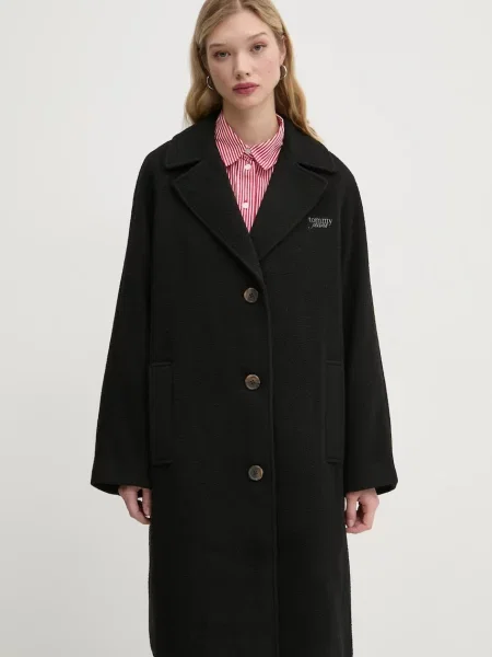 Палто с вълна Tommy Jeans преходен модел с уголемена кройка черно