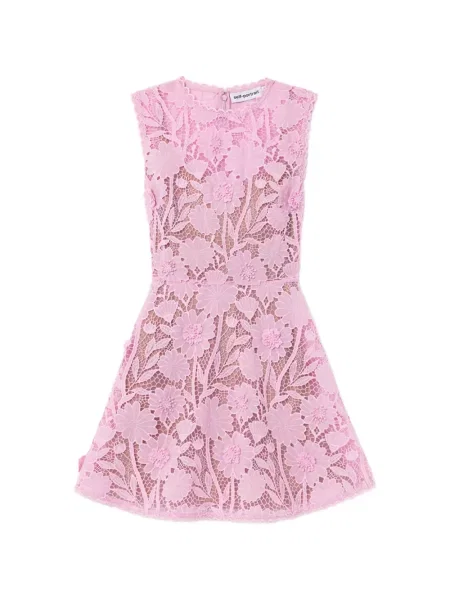 Rochie mini Self-portrait fără mâneci cu model floral din dantelă roz