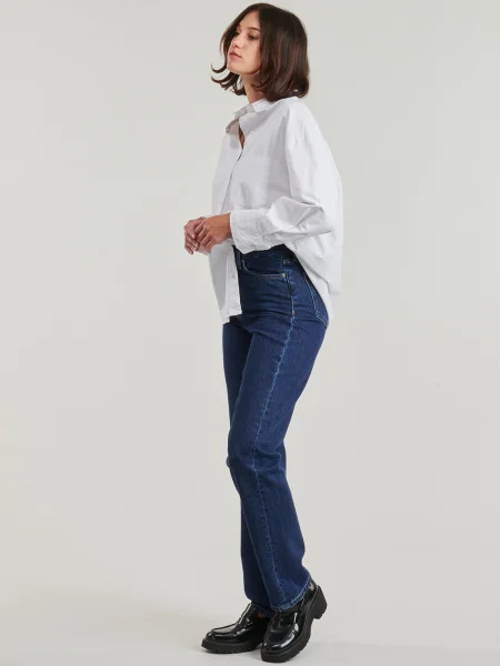 Blugi drepți Calvin Klein Jeans cu talie înaltă albastru