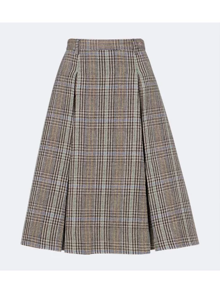 Fustă midi Acne Studios de lână în carouri maro