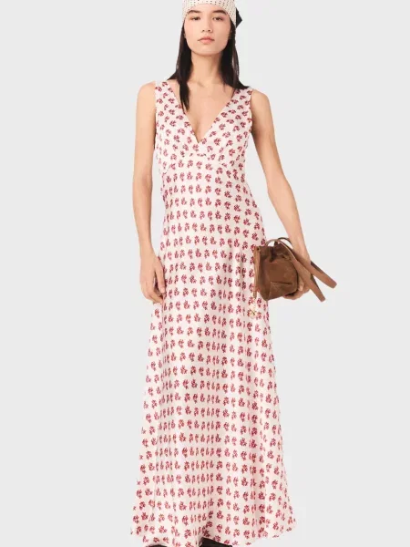 Шелковое платье Maje в цветочек с принтом белое