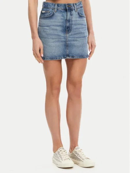 Дънкова пола Guess Jeans къса с кройка тип молив синьо