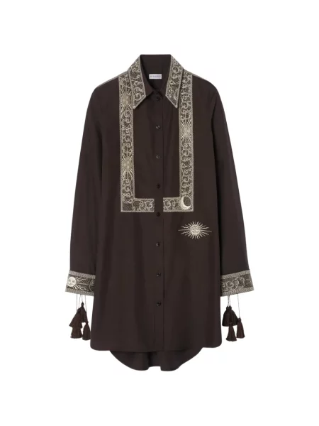 Rochie tip cămașă Burberry cu broderie de mătase maro