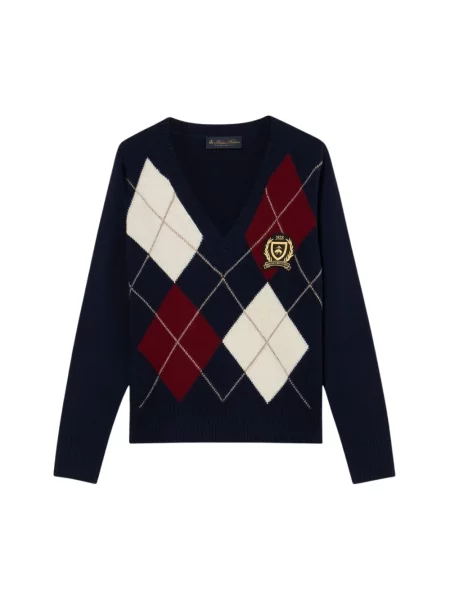 Sweter Brooks Brothers wełniany z nadrukiem z dekoltem w serek
