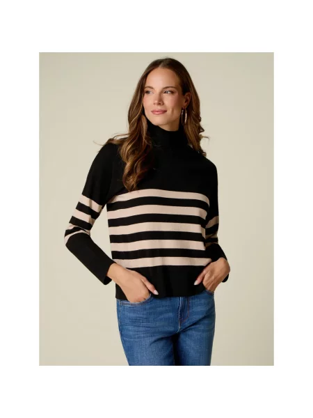 Sweter z golfem Oltre w paski z paskiem czarny