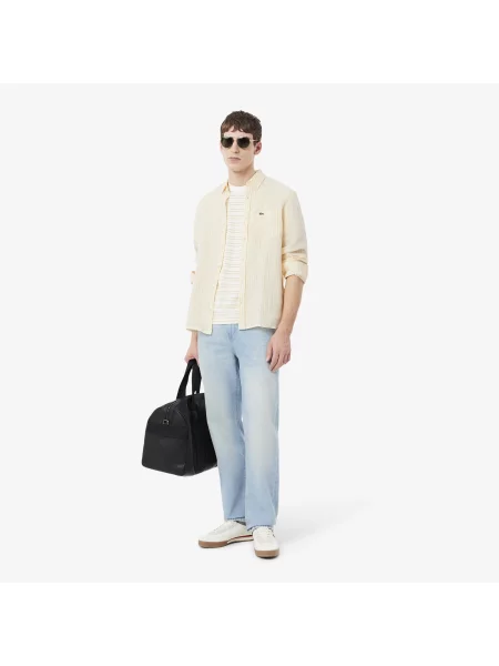 Lacoste Lniana Koszula Button-Down W Paski Regular Fit żółta