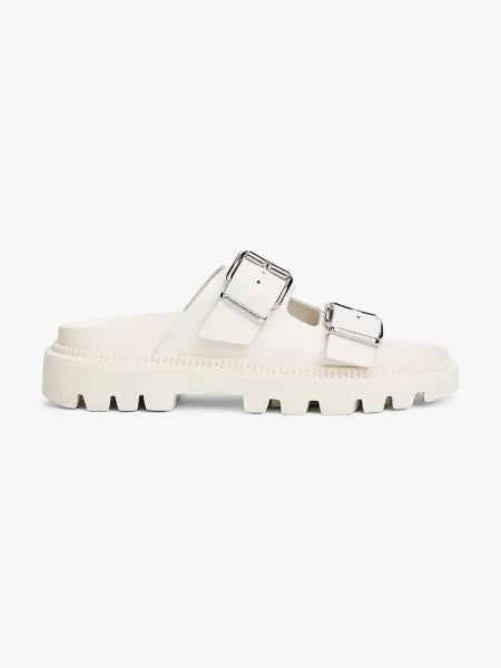 Кожени чехли Tommy Jeans DOUBLE STRAP SANDAL с платформа бежово