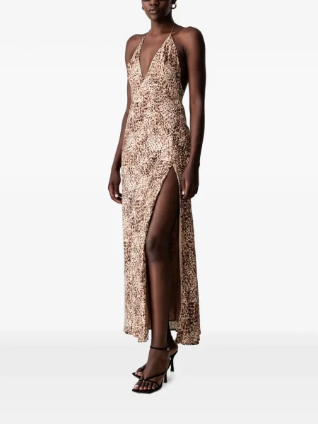 Rochie maxi Bardot cu imagine cu model leopard cu gât halter