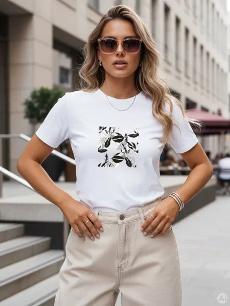 T-shirt casual z roślinnym motywem Dstreet biały