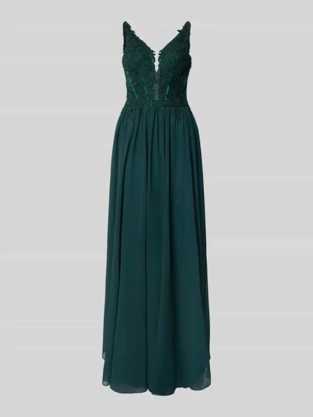 Sukienka wieczorowa z obszyciem koronką i ozdobnymi kamieniami Luxuar Fashion