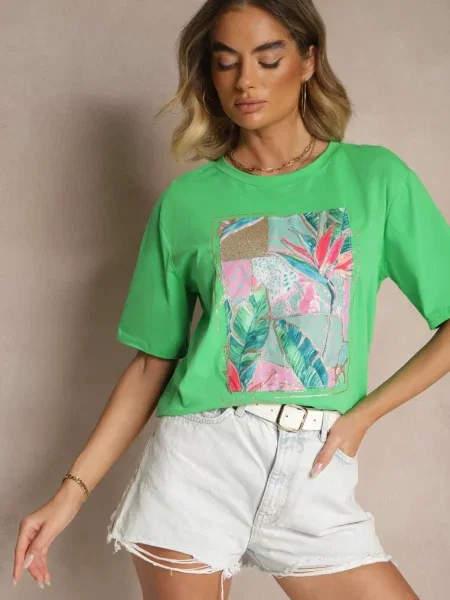 T-shirt z Bawełny Ozdobiony Brokatem Isadelle zielony